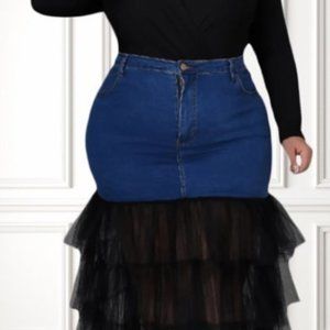 Plus Size, Denim Skirt with Black Tulle, Ruffled Layered Bottom